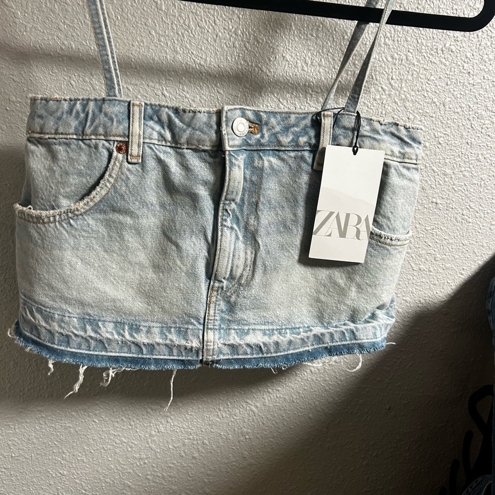 Zara Light Blue Denim cropped tank with Raw Hem